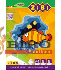 Carton colorat dublu A4, 8 foi, 8 culori, 215 g/m² ZIBI
